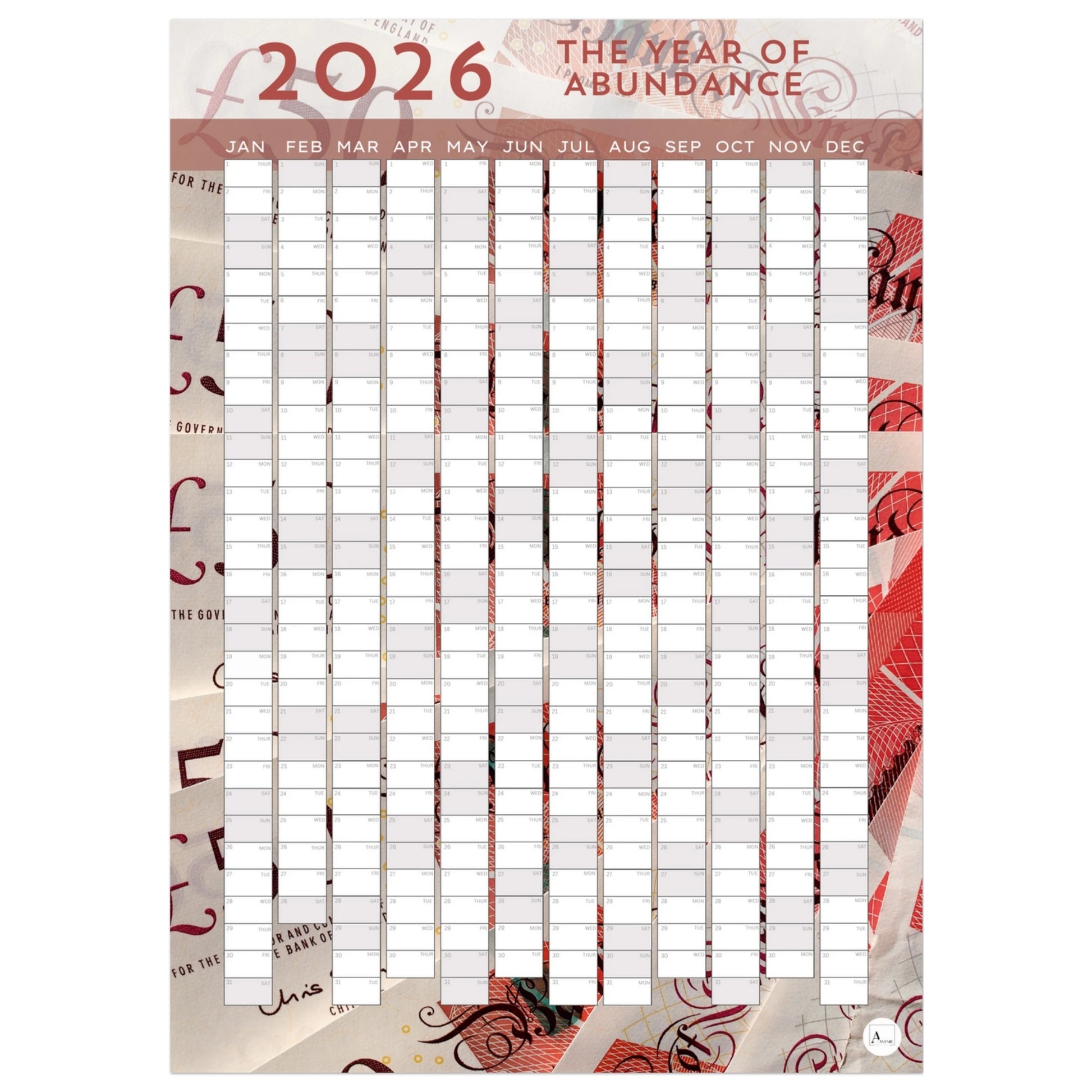 PINK BANK NOTES - The Year Of Abundance 2026 wall planner 50x70cm
