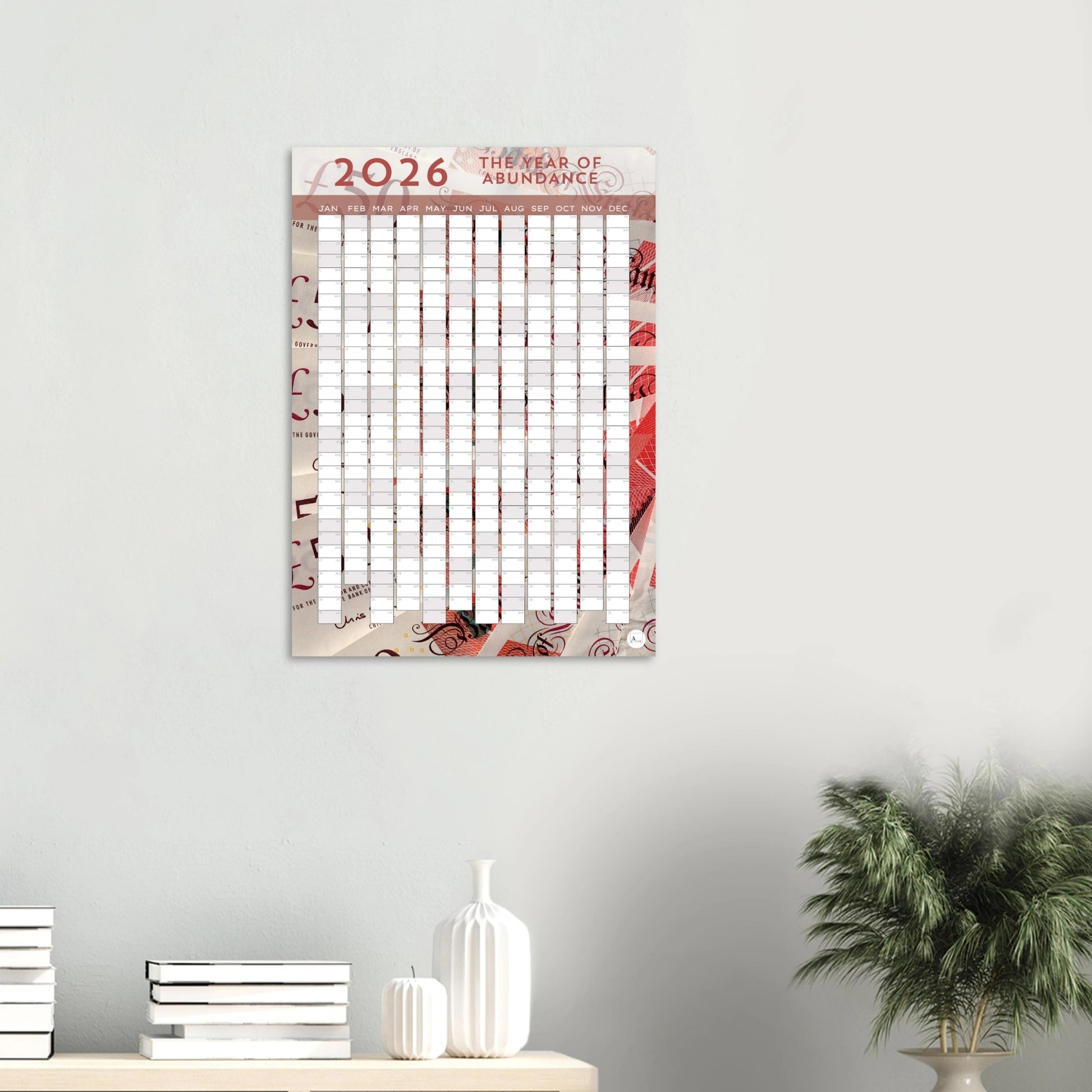 PINK BANK NOTES - The Year Of Abundance 2026 wall planner 50x70cm
