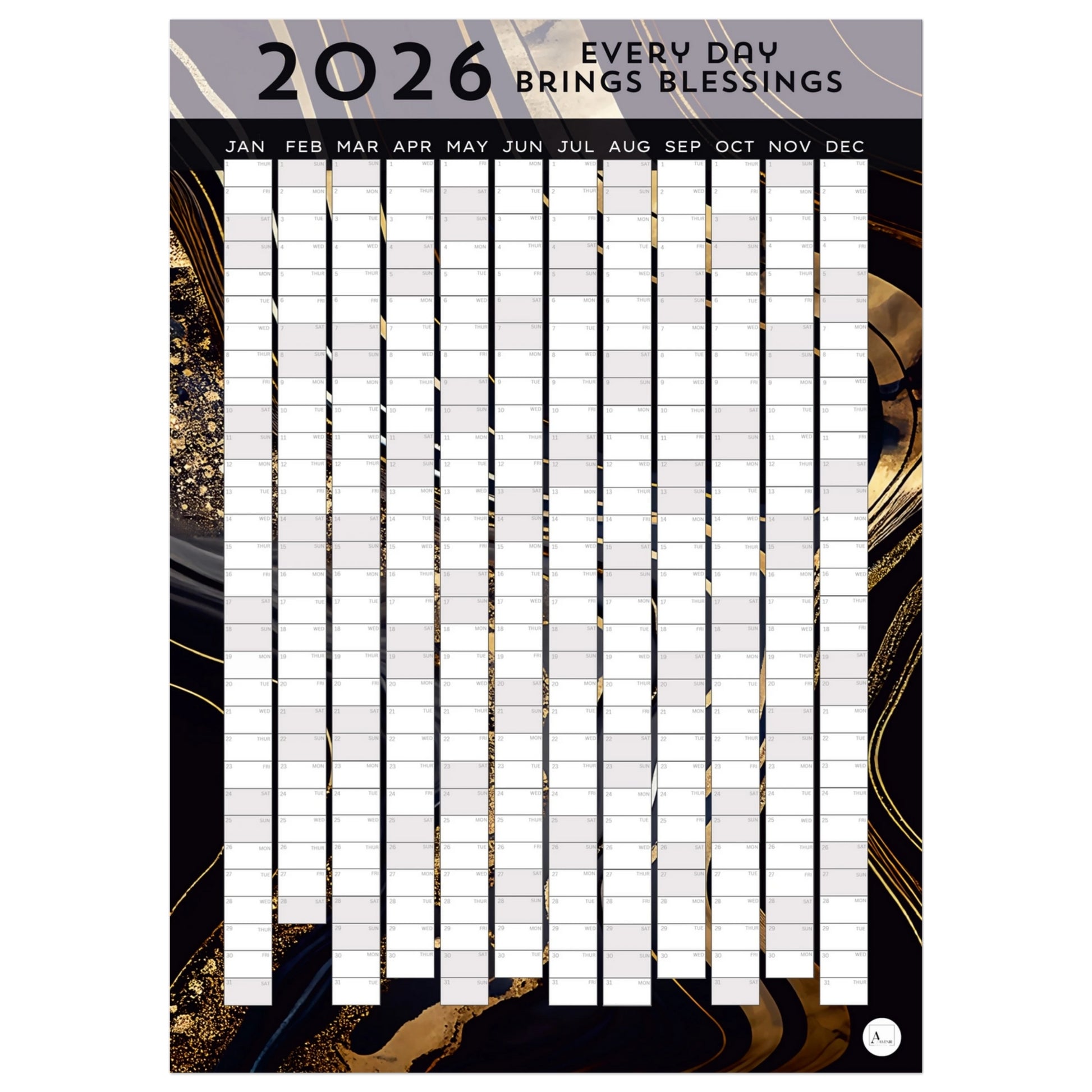 GOLDEN BLACK MARBLE - Every Day Brings Blessings 2026 wall planner 50x70cm