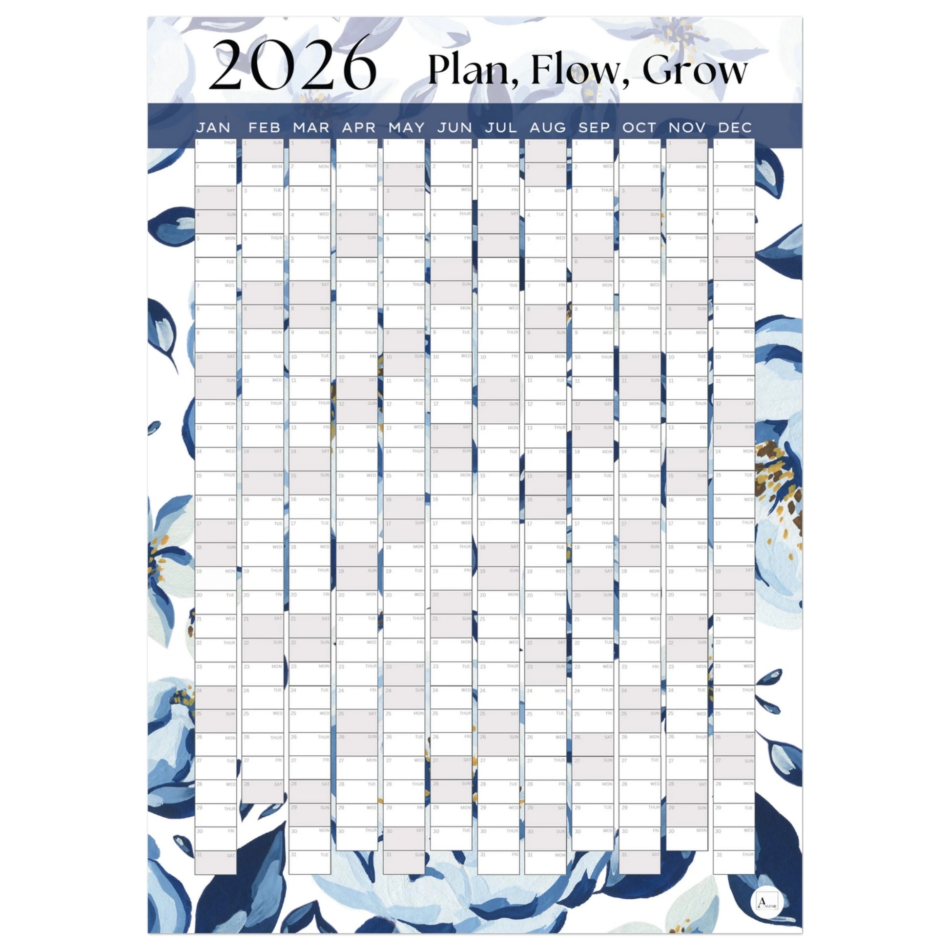 BLUE BLOOMS - Plan, Flow, Grow 2026 wall planner 50x70cm