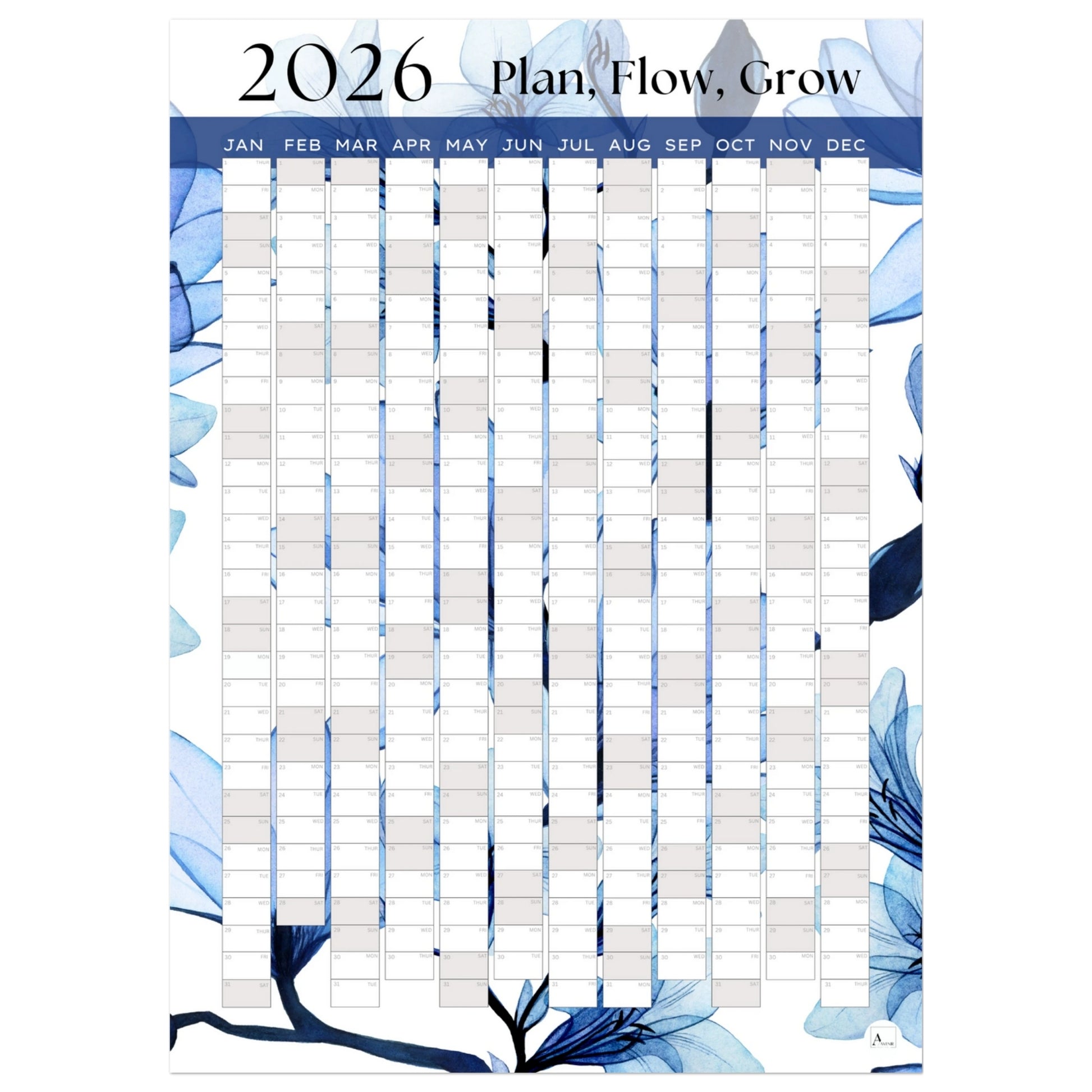 DELICATE BLUE - Plan, Flow, Grow 2026 wall planner 50x70cm