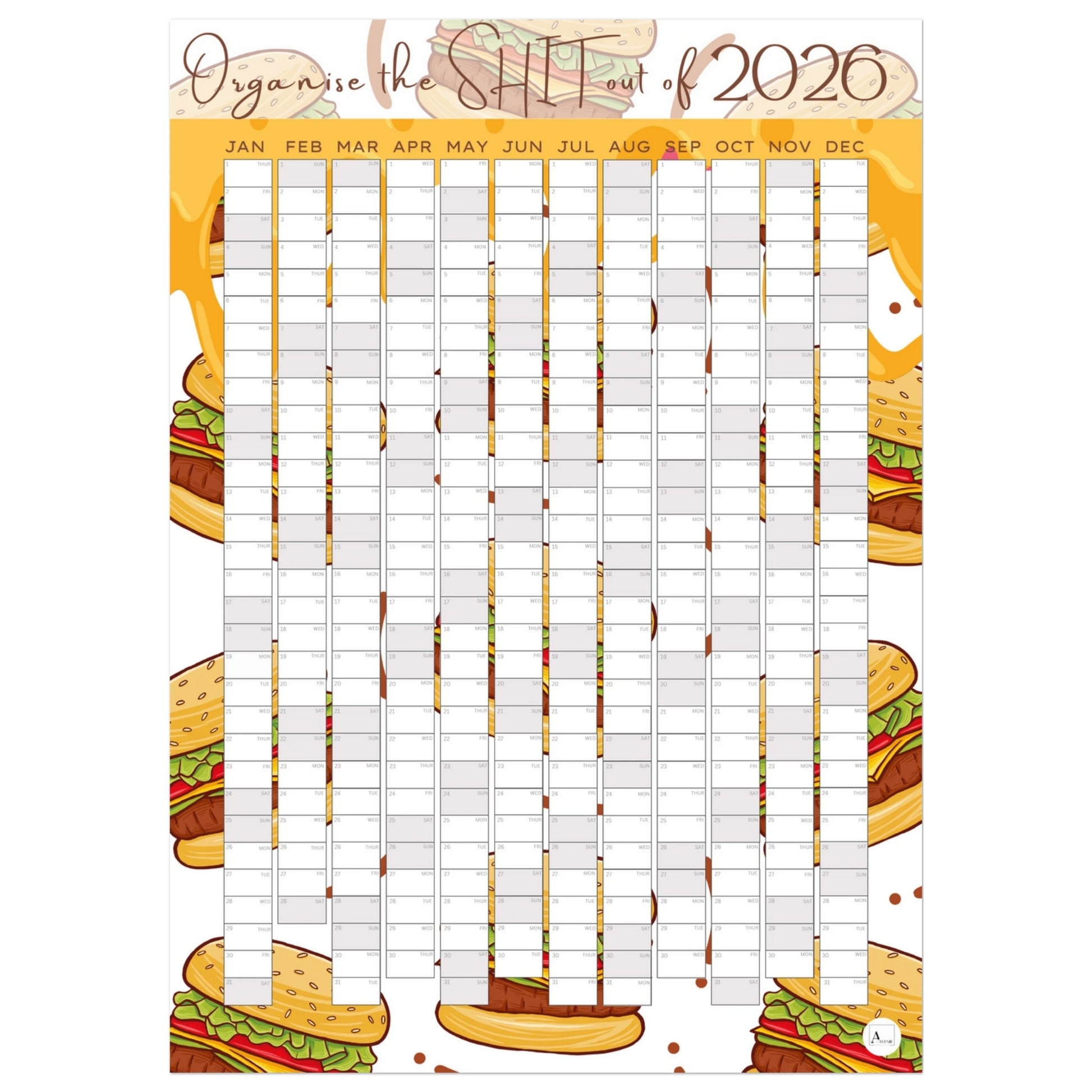 DRIPPY CHEESEBURGERS - Organise the SHIT out of 2026 wall planner 50x70cm