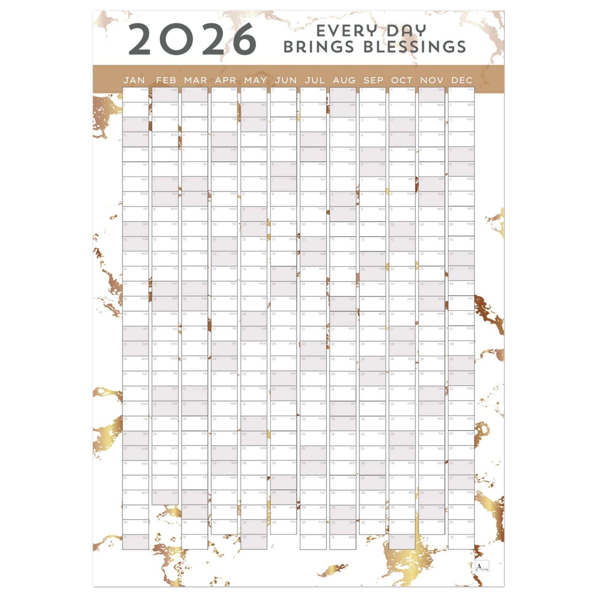 WHITE GOLD MARBLE - Every Day Brings Blessings 2026 wall planner 50x70cm