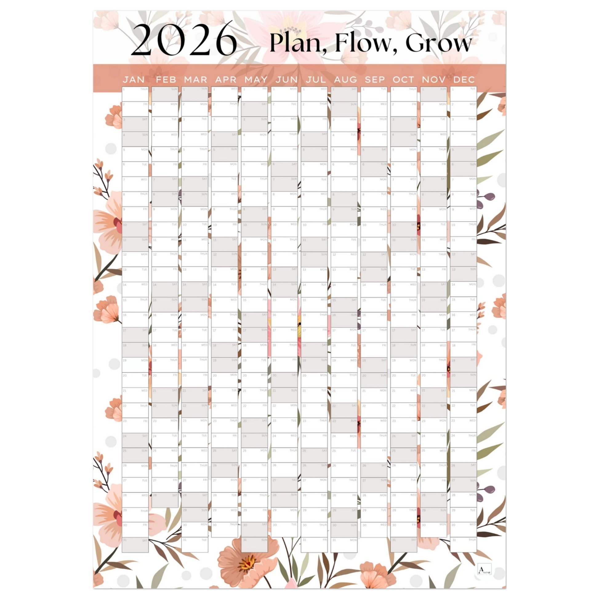 PEACH BLOOMS - Plan, Flow, Grow 2026 wall planner 50x70cm