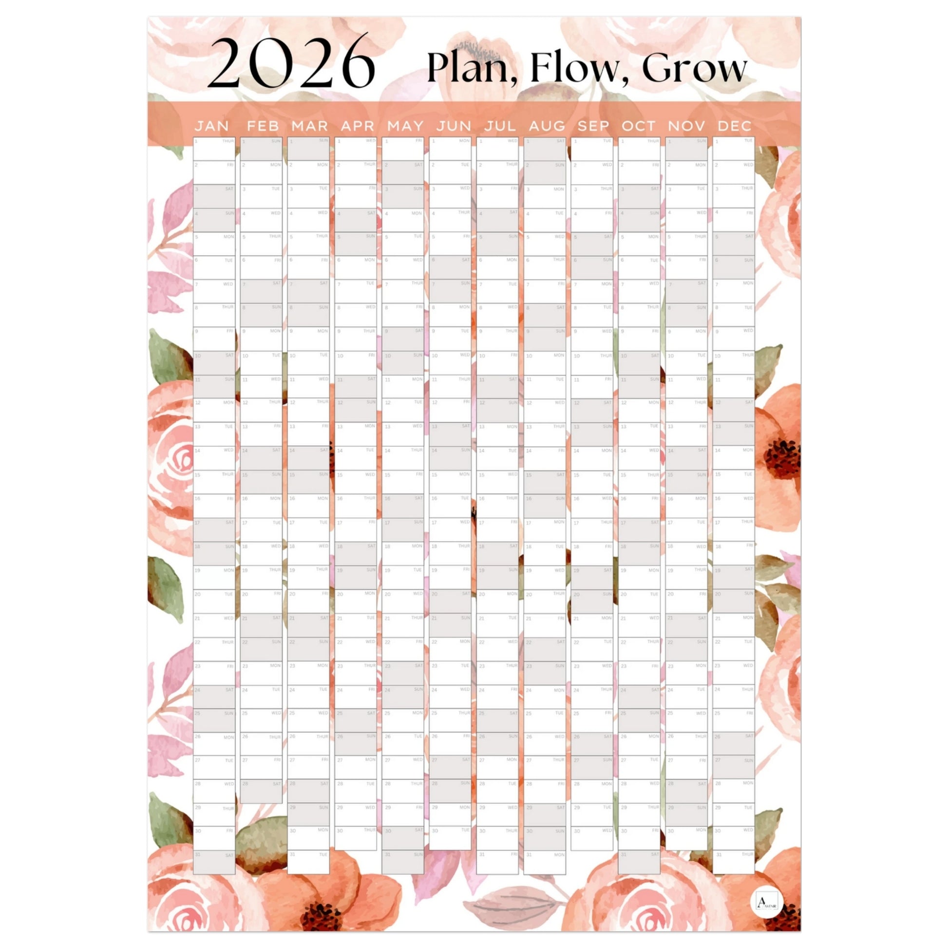 PEACHY POSIES - Plan, Flow, Grow 2026 wall planner 50x70cm