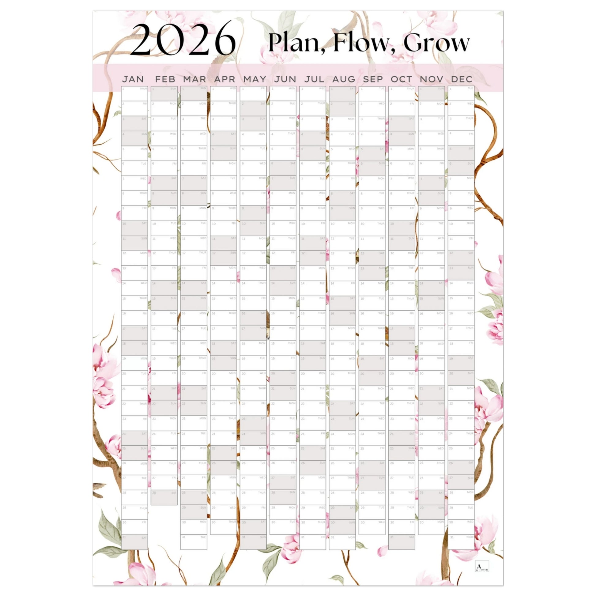 PINK BLOSSOMS - Plan, Flow, Grow 2026 wall planner 50x70cm