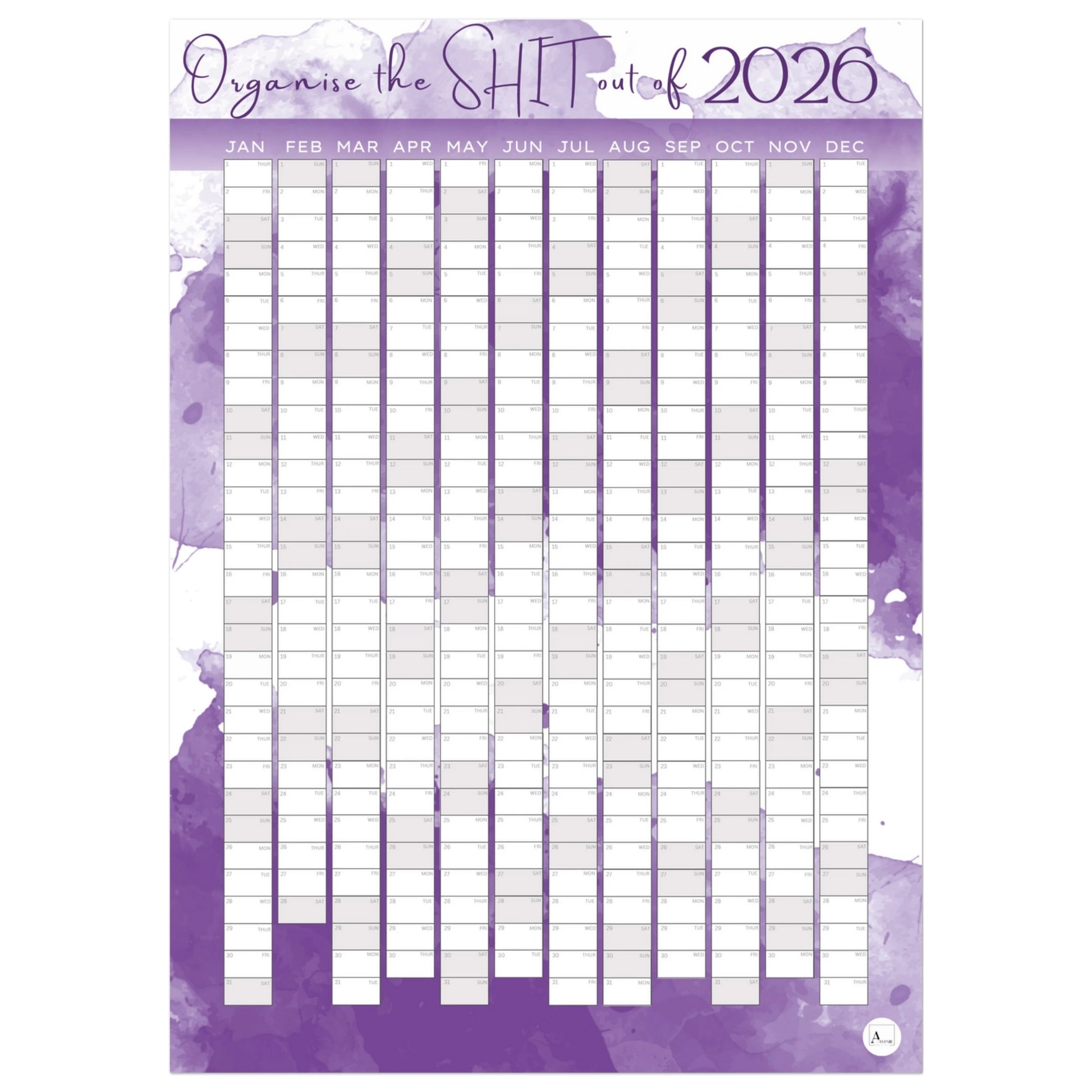 PURPLE FLOW - Organise the SHIT out of 2026 wall planner 50x70cm