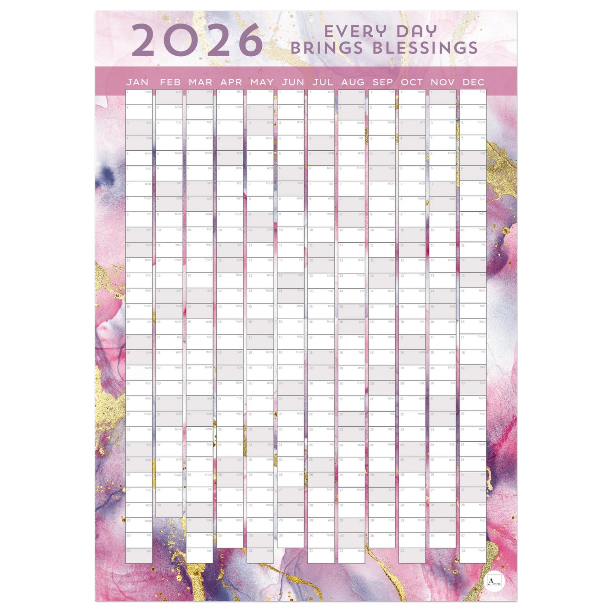 BLUSHED GOLDEN MARBLE - Every Day Brings Blessings 2026 wall planner 50x70cm