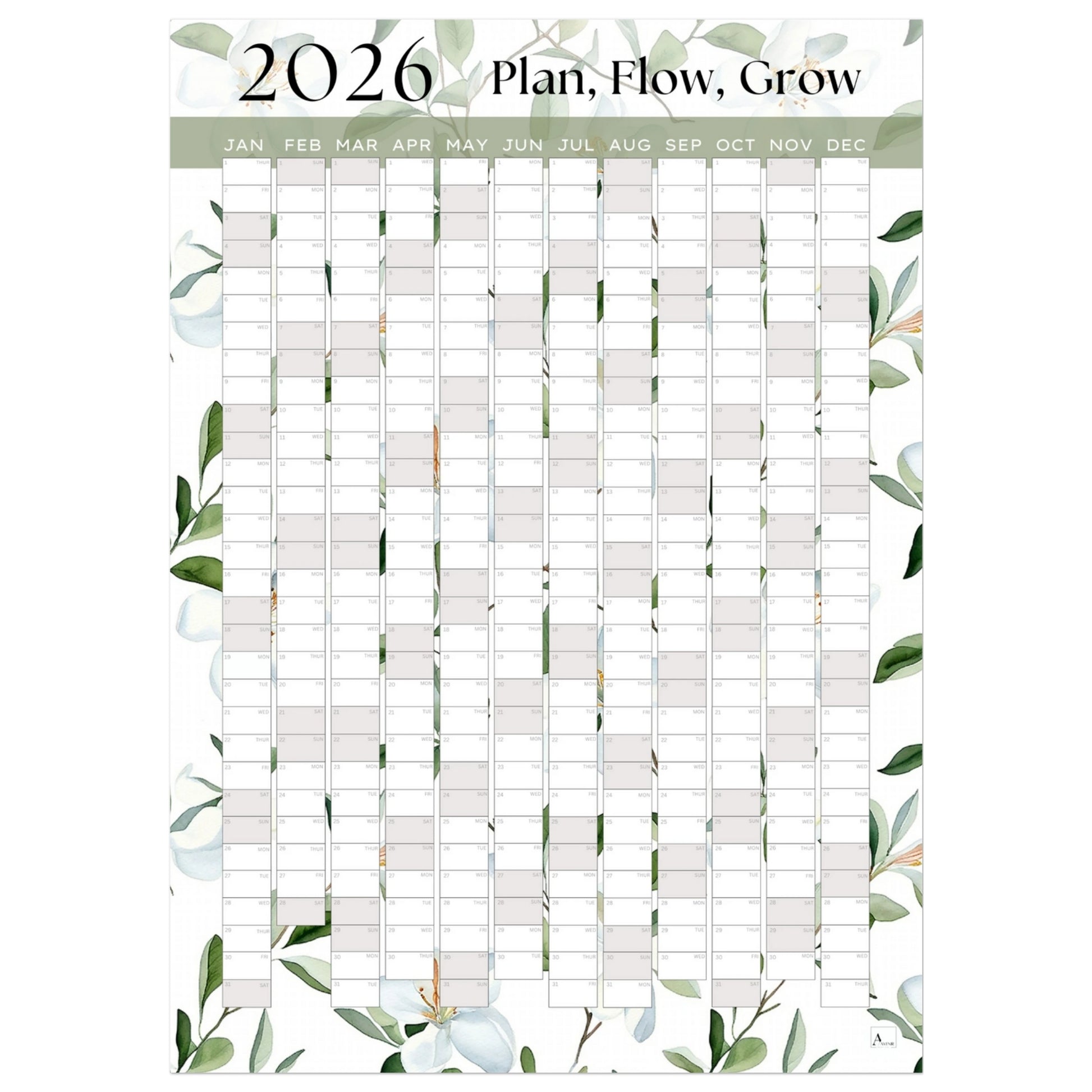 WHITE BLOOMS - Plan, Flow, Grow 2026 wall planner 50x70cm